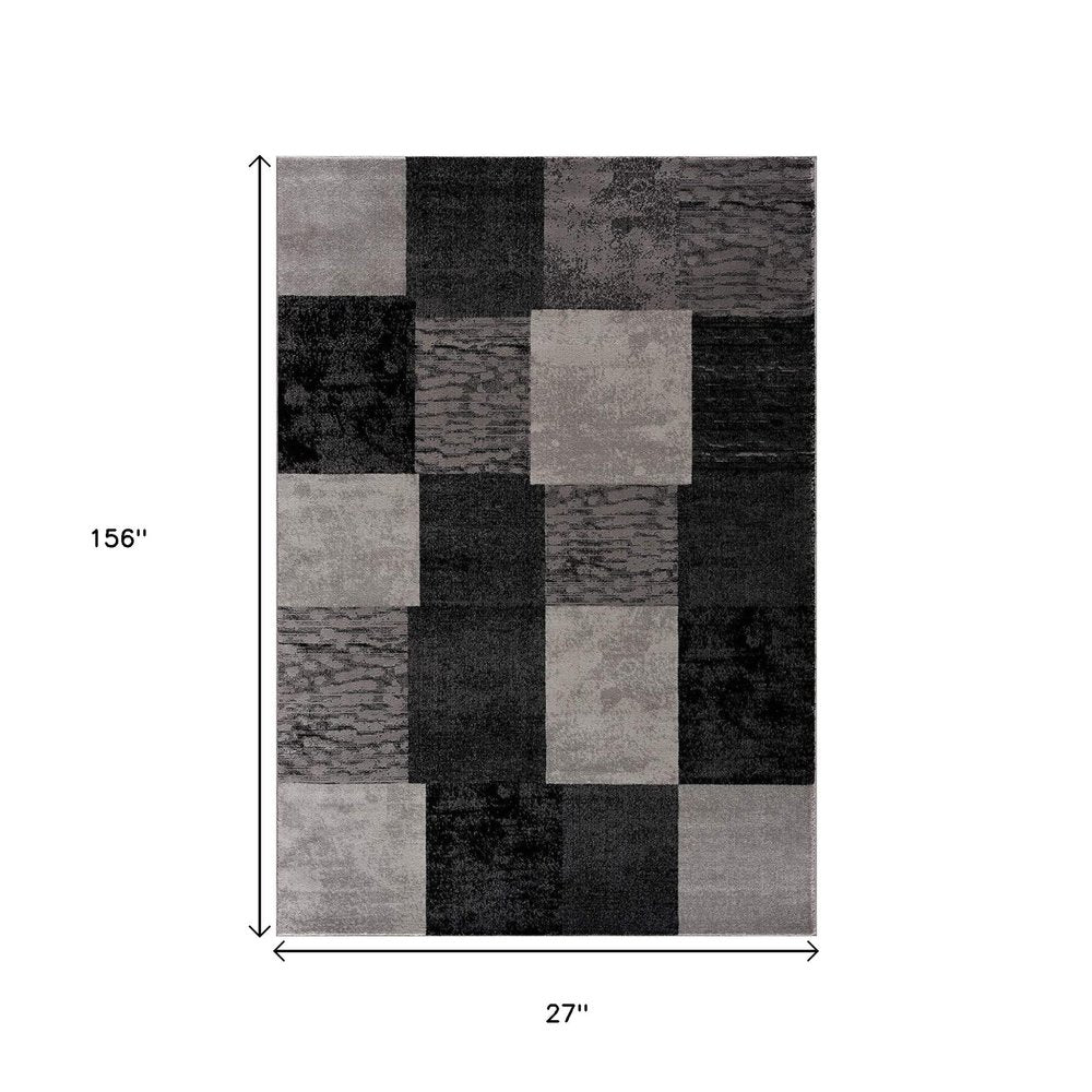 20' Black And Gray Geometric Distressed Runner Rug