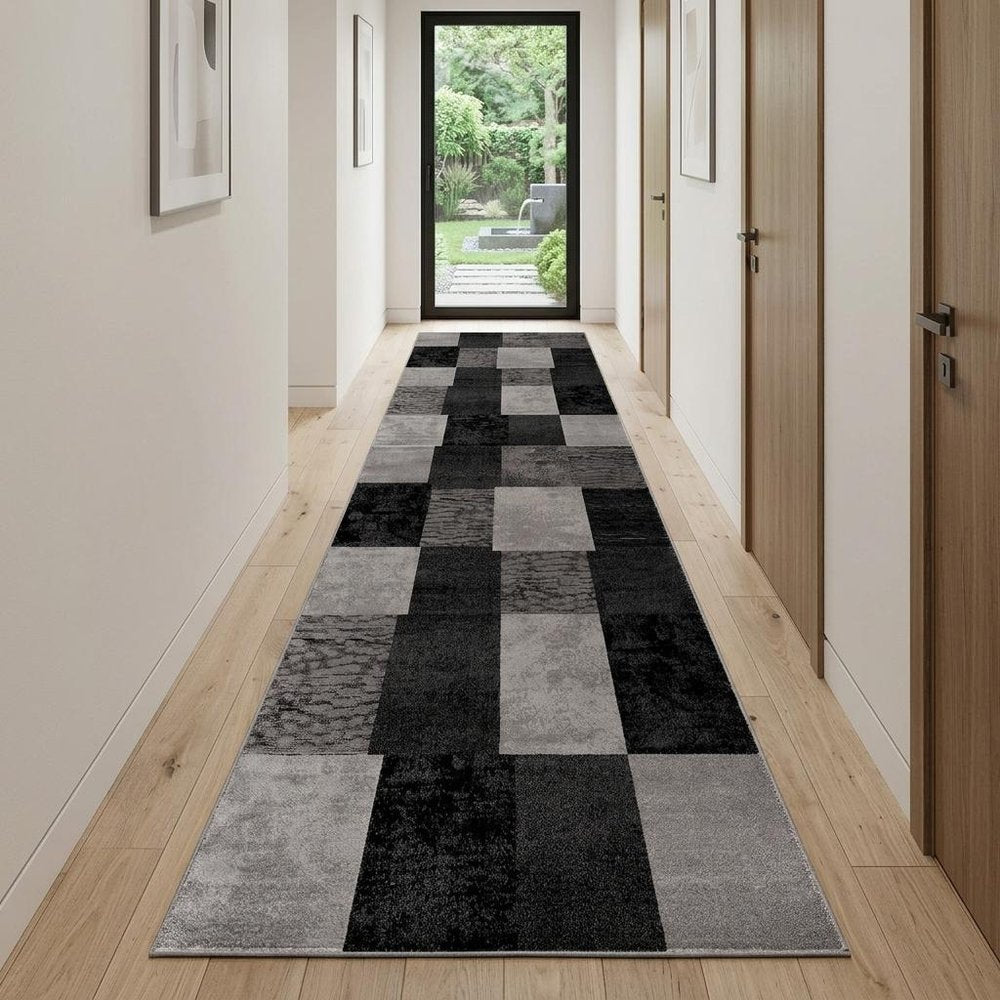 13' Gray And Black Geometric Shag Runner Rug