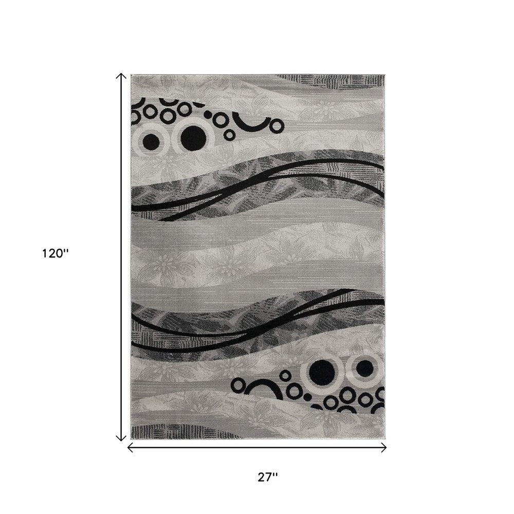 13' Gray And Black Abstract Shag Runner Rug