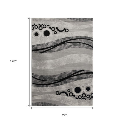 13' Gray And Black Abstract Shag Runner Rug