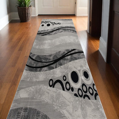13' Gray And Black Abstract Shag Runner Rug