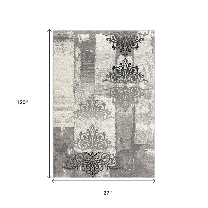 2' X 8' Gray Faded Filigree Pattern Runner Rug