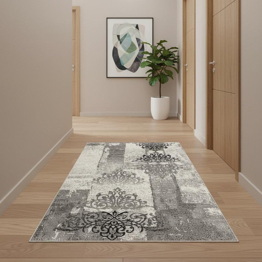 5' X 7' Gray Damask Dhurrie Area Rug