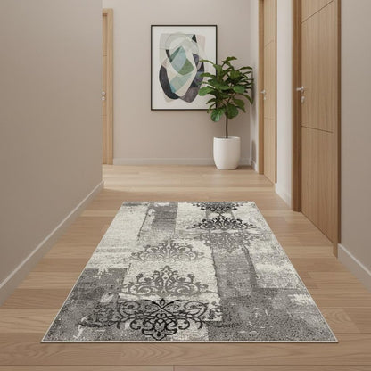 5' X 7' Gray Damask Dhurrie Area Rug