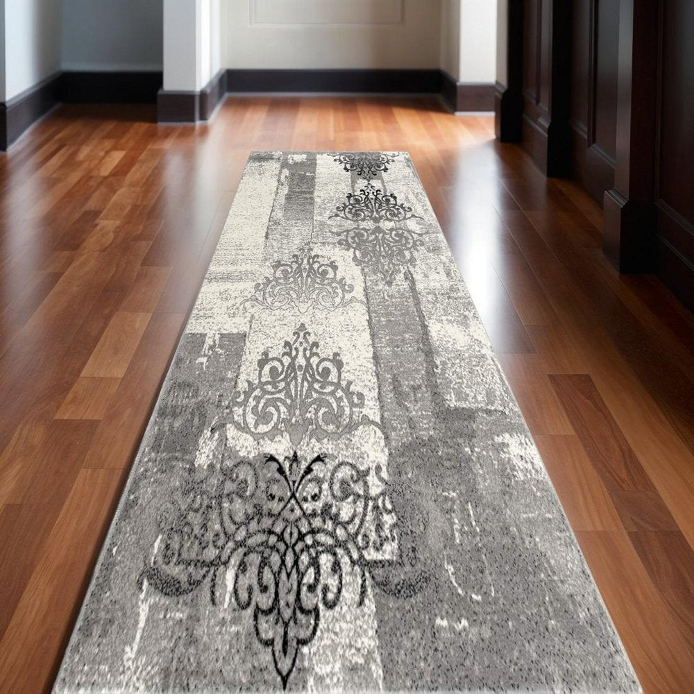 5' X 7' Gray Damask Dhurrie Area Rug