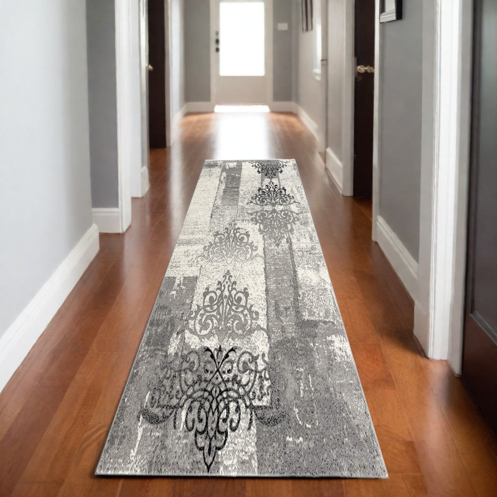 5' X 7' Gray Damask Dhurrie Area Rug