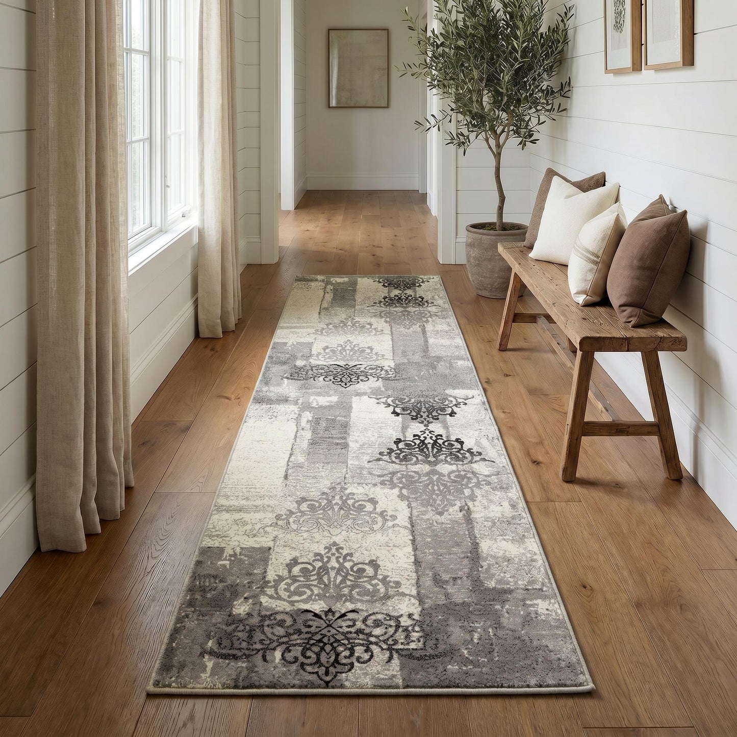 10' Gray Damask Dhurrie Runner Rug