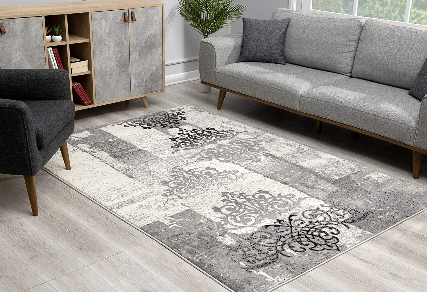 5' X 7' Gray Damask Dhurrie Area Rug