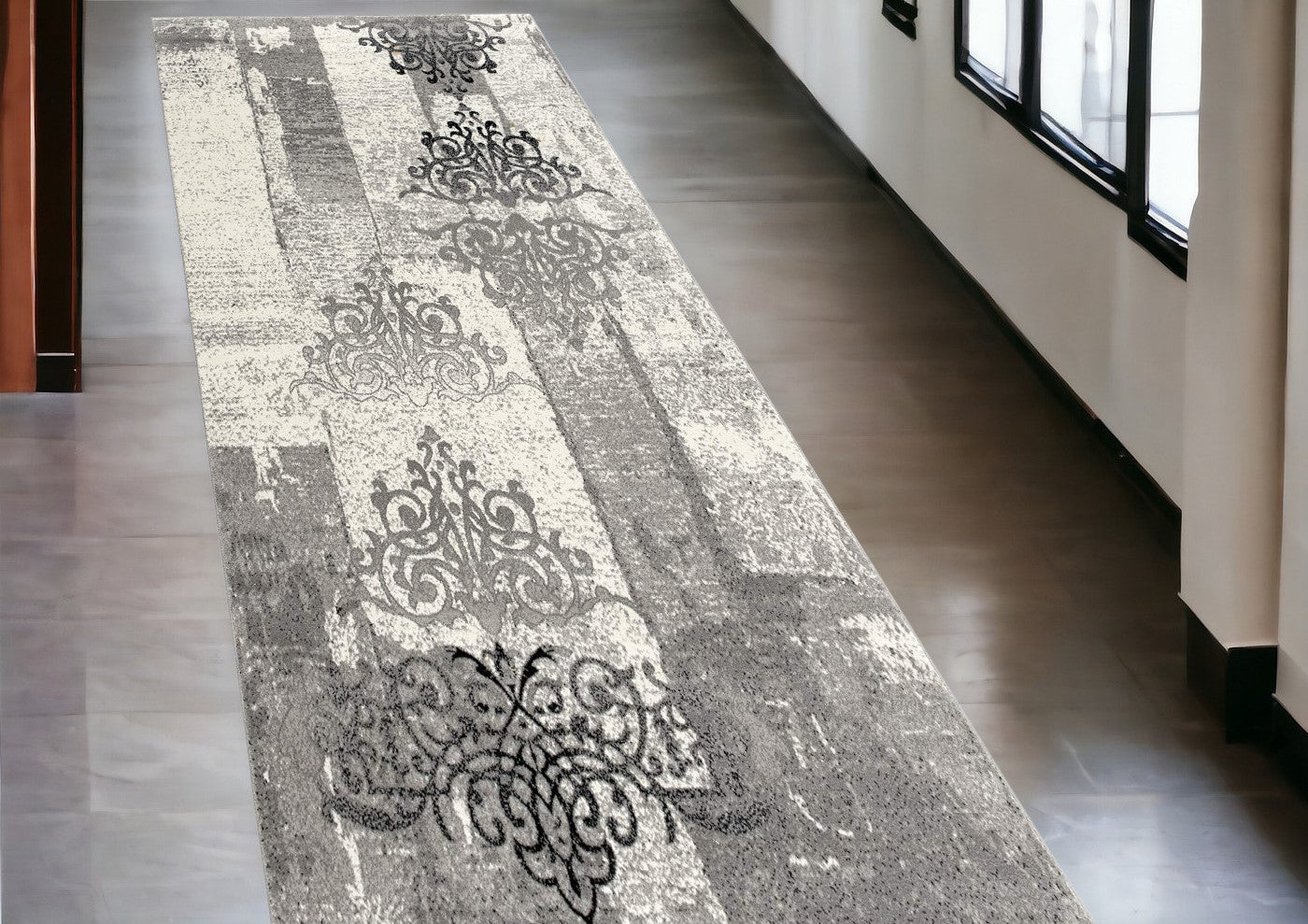 5' X 7' Gray Damask Dhurrie Area Rug