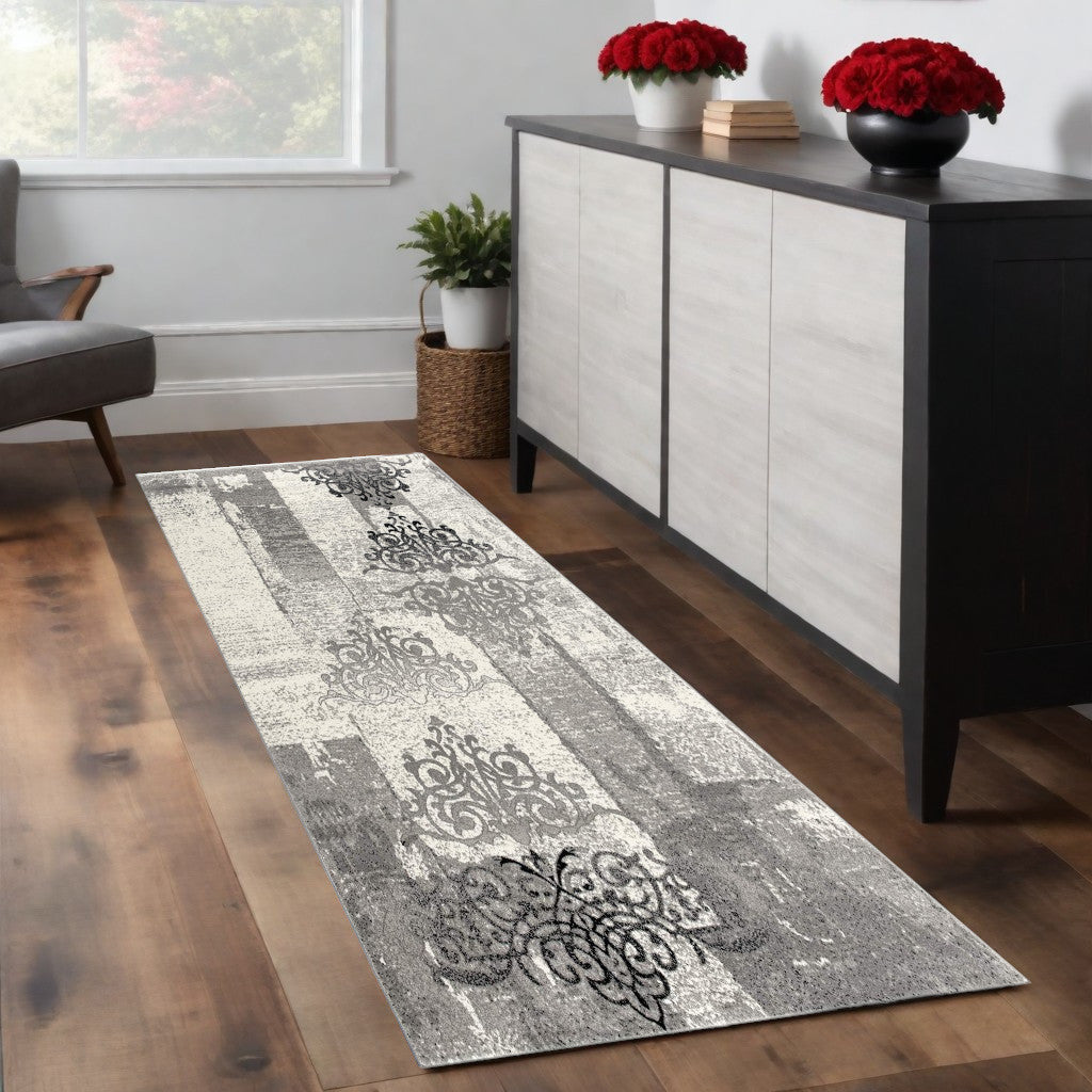 5' X 7' Gray Damask Dhurrie Area Rug