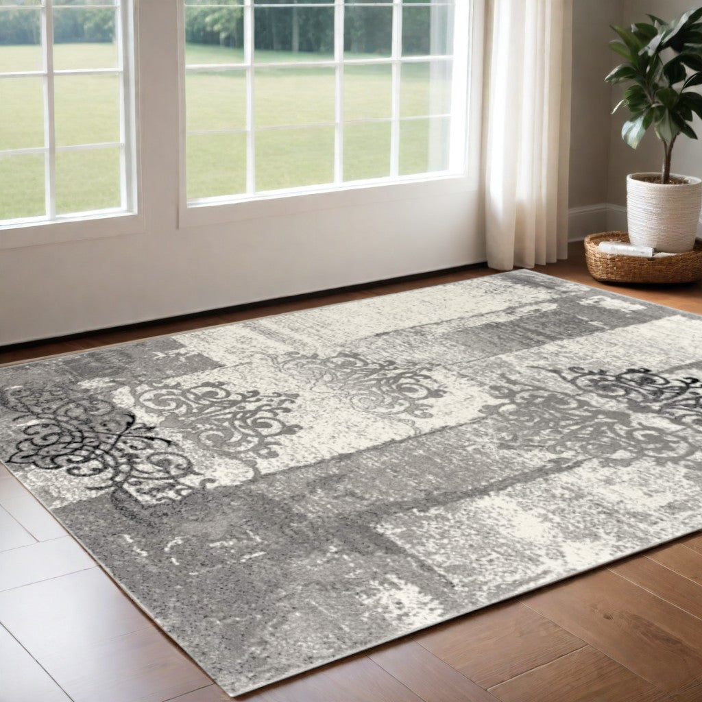 5' X 7' Gray Damask Dhurrie Area Rug