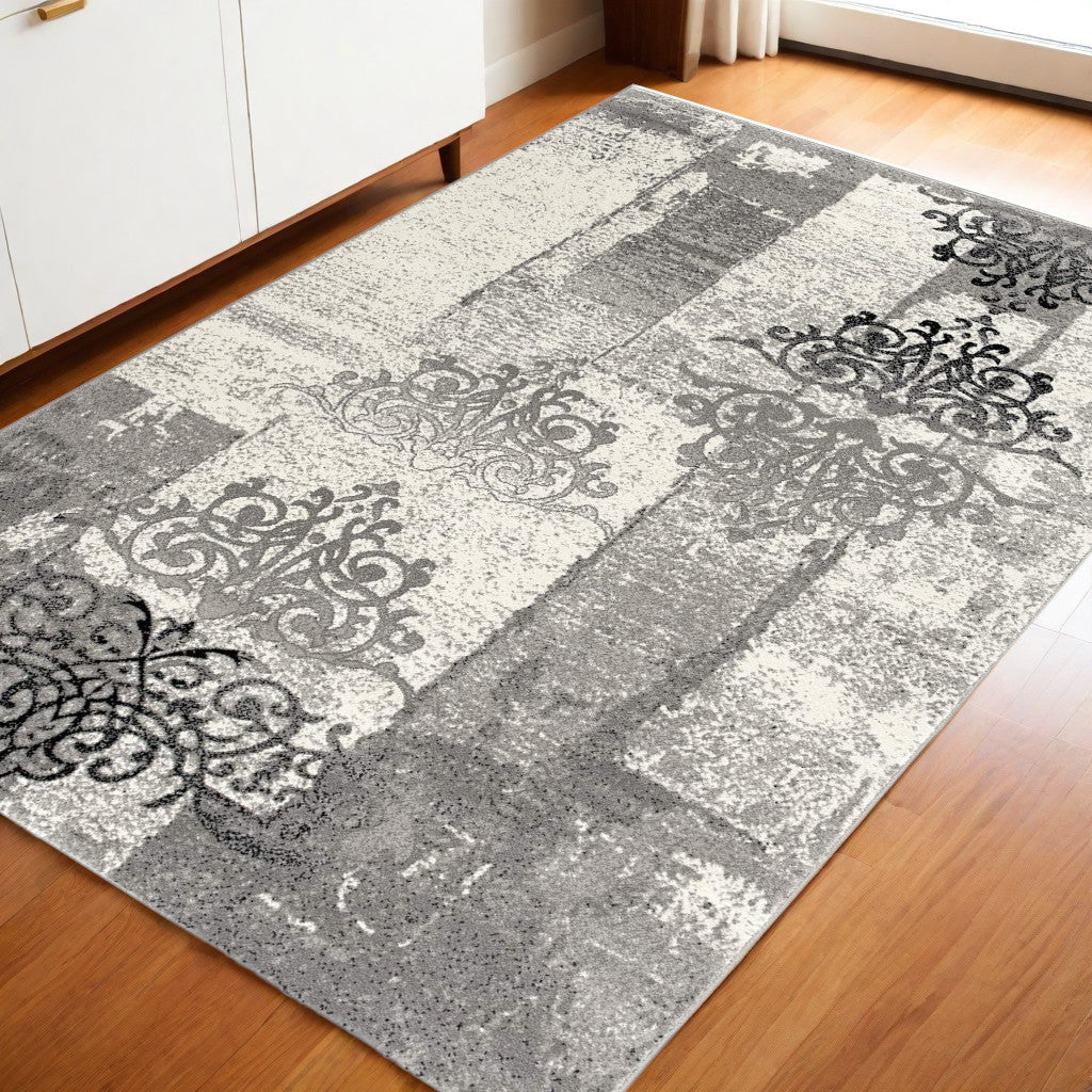 5' X 7' Gray Damask Dhurrie Area Rug