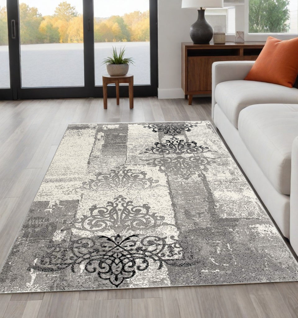 5' X 7' Gray Damask Dhurrie Area Rug