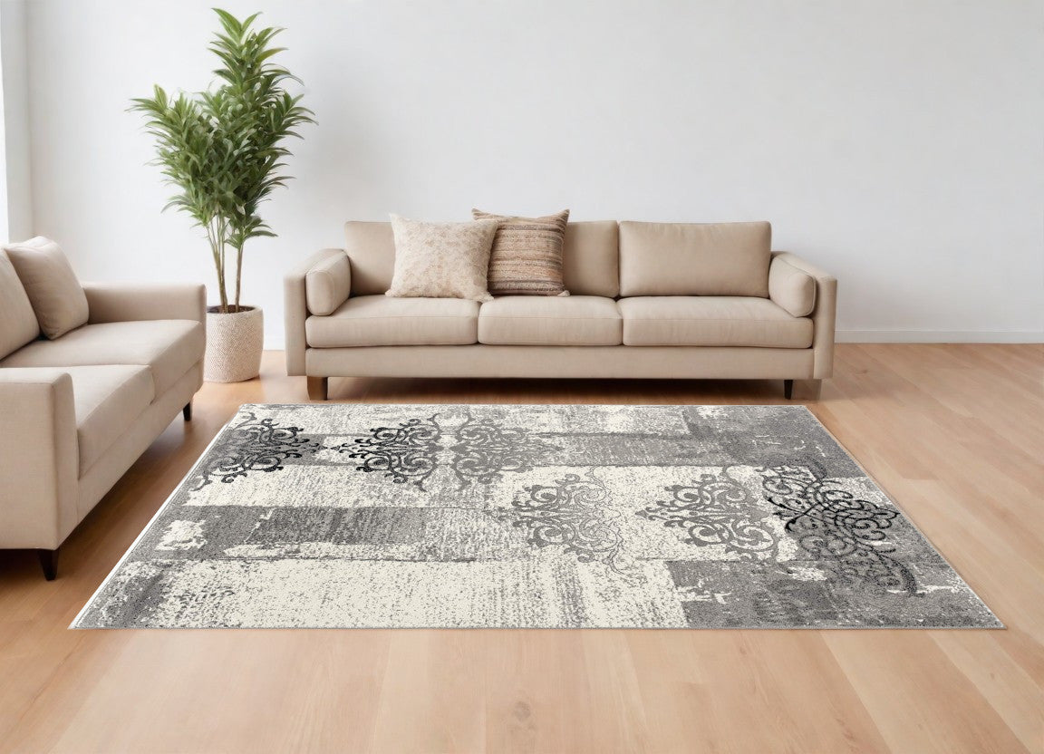 5' X 7' Gray Damask Dhurrie Area Rug