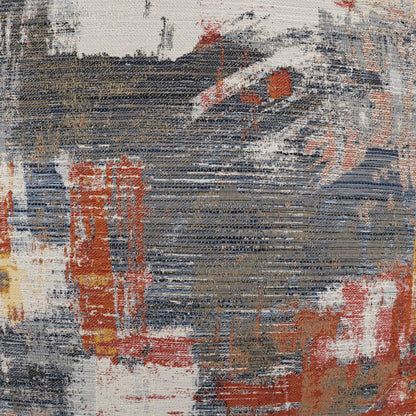 Abstract woven fabric with navy, gray, rust orange and cream brushstrokes; textured upholstery textile.