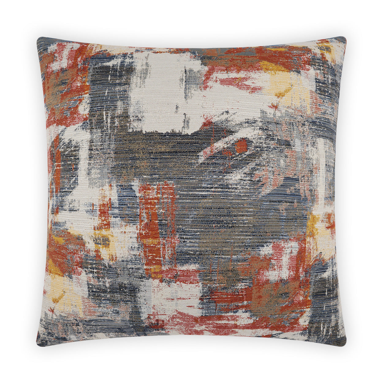 Abstract brushstroke throw pillow in orange, navy, gray, white, and yellow; textured fabric, decorative cushion.