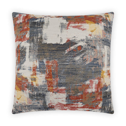Abstract brushstroke throw pillow in orange, navy, gray, white, and yellow; textured fabric, decorative cushion.