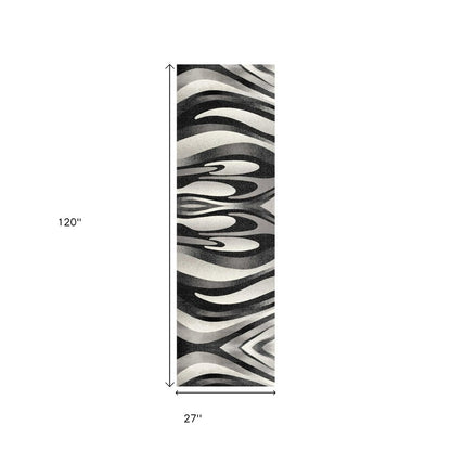 13' Black And Gray Abstract Shag Runner Rug