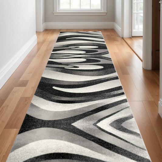 13' Black And Gray Abstract Shag Runner Rug