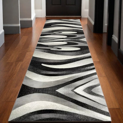 13' Black And Gray Abstract Shag Runner Rug