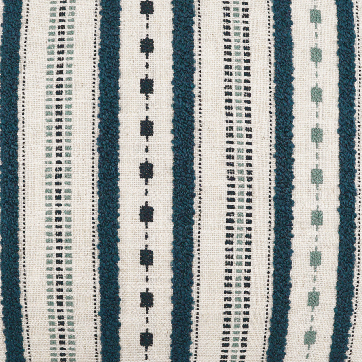 Woven fabric rug with vertical teal and navy stripes, light beige background, and small square diamond motifs.