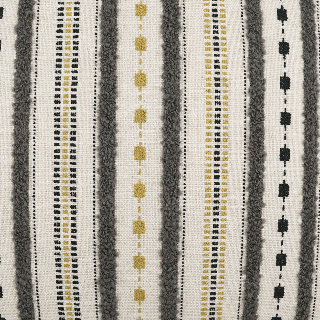Grey striped pillow with a woven texture, featuring dotted and dashed line motifs, 24 x 24.