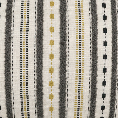 Grey striped pillow with a woven texture, featuring dotted and dashed line motifs, 24 x 24.