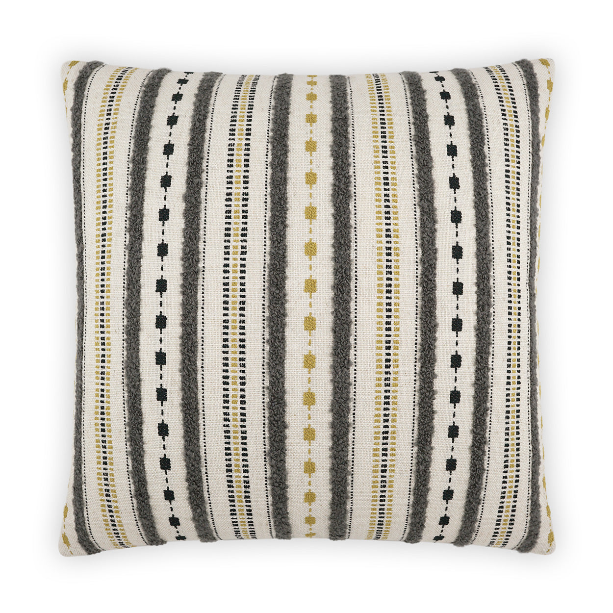 Square decorative throw pillow with textured woven grey stripes.