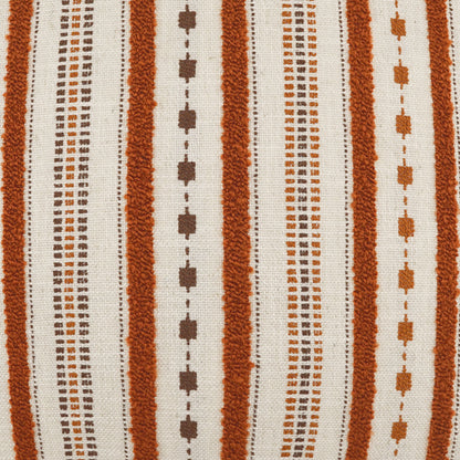 Rust-orange and cream striped kilim-style woven pillow with geometric square motifs, 24" x 24