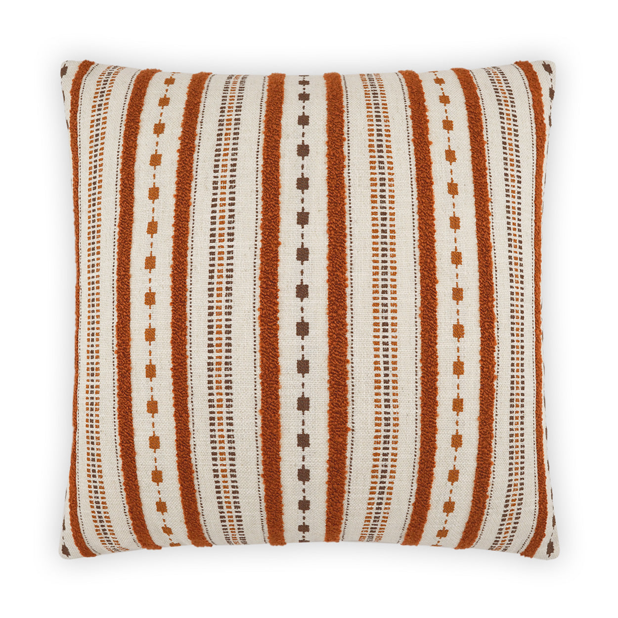 Rectangular throw pillow featuring rust orange, brown and white vertical striped geometric pattern on woven fabric.