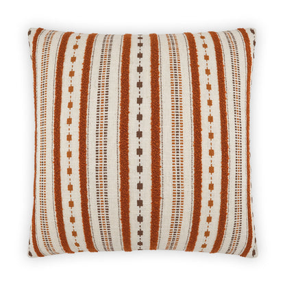 Rectangular throw pillow featuring rust orange, brown and white vertical striped geometric pattern on woven fabric.