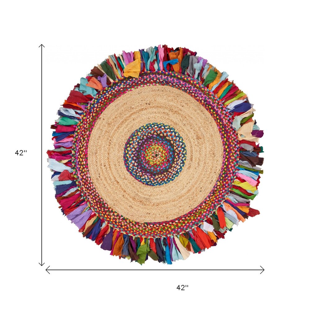 4' Natural Red And Blue Jute Abstract Geometric Hand Woven Round Rug