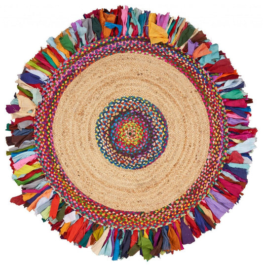4' Natural Red And Blue Jute Abstract Geometric Hand Woven Round Rug
