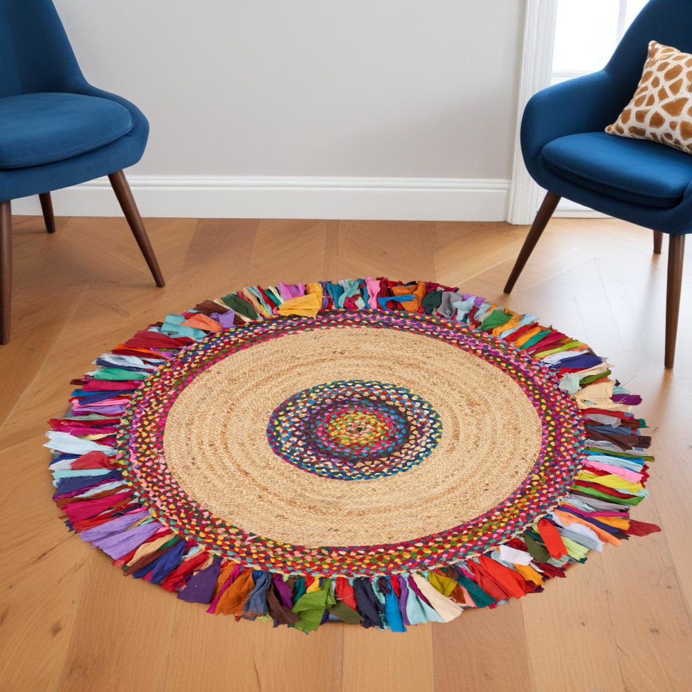 6' Blue Natural And Red Jute Abstract Geometric Hand Woven Round Rug