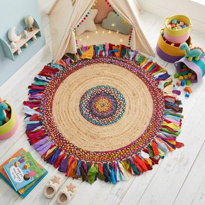 4' Natural Red And Blue Jute Abstract Geometric Hand Woven Round Rug