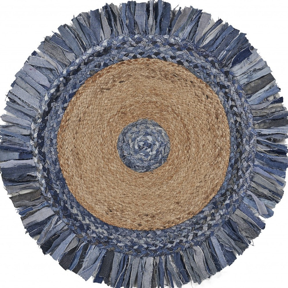 Denim And Natural Jute Fringed Round Rug