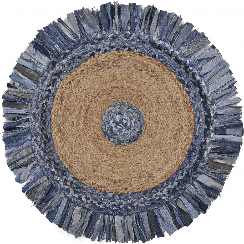 Denim And Natural Jute Fringed Round Rug