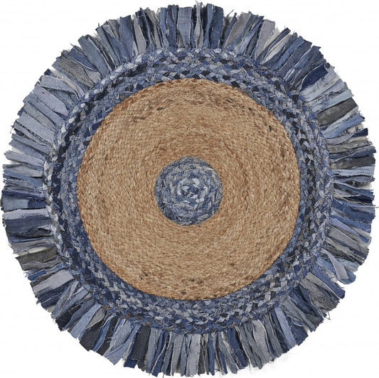 4' Beige And Blue Abstract Geometric Hand Woven Round Rug