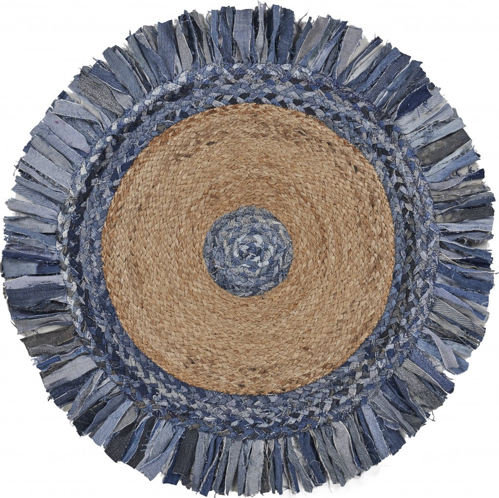 Denim And Natural Jute Fringed Round Rug