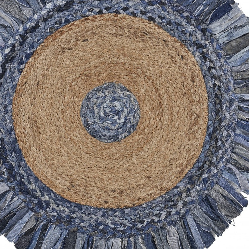 Denim And Natural Jute Fringed Round Rug