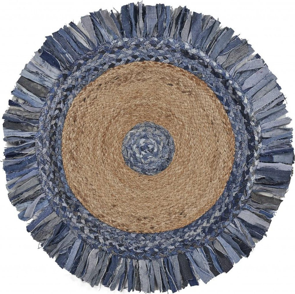 6' Beige And Blue Abstract Geometric Hand Woven Round Rug