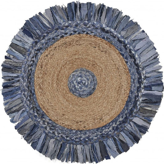 6' Beige And Blue Abstract Geometric Hand Woven Round Rug