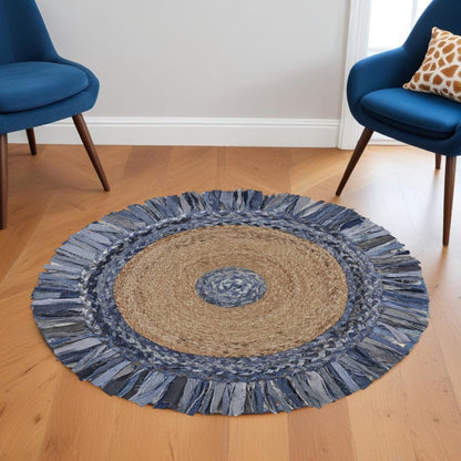 6' Beige And Blue Abstract Geometric Hand Woven Round Rug