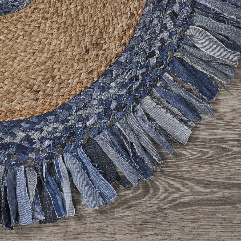 Denim And Natural Jute Fringed Round Rug