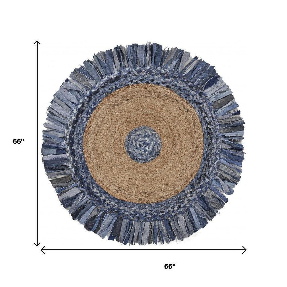 6' Beige And Blue Abstract Geometric Hand Woven Round Rug