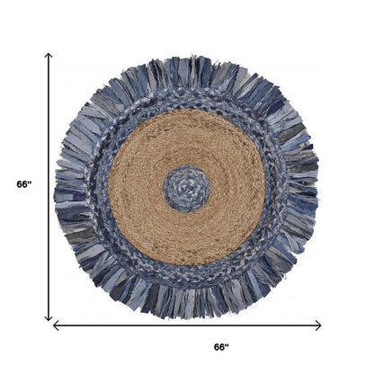 6' Beige And Blue Abstract Geometric Hand Woven Round Rug