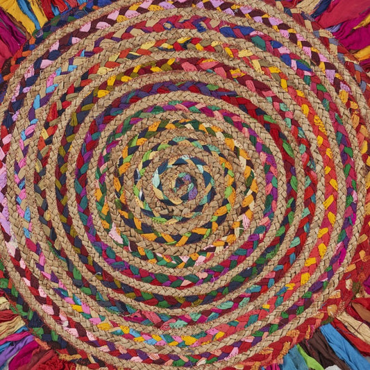 4' Rainbow Abstract Geometric Hand Woven Round Rug With Fringe