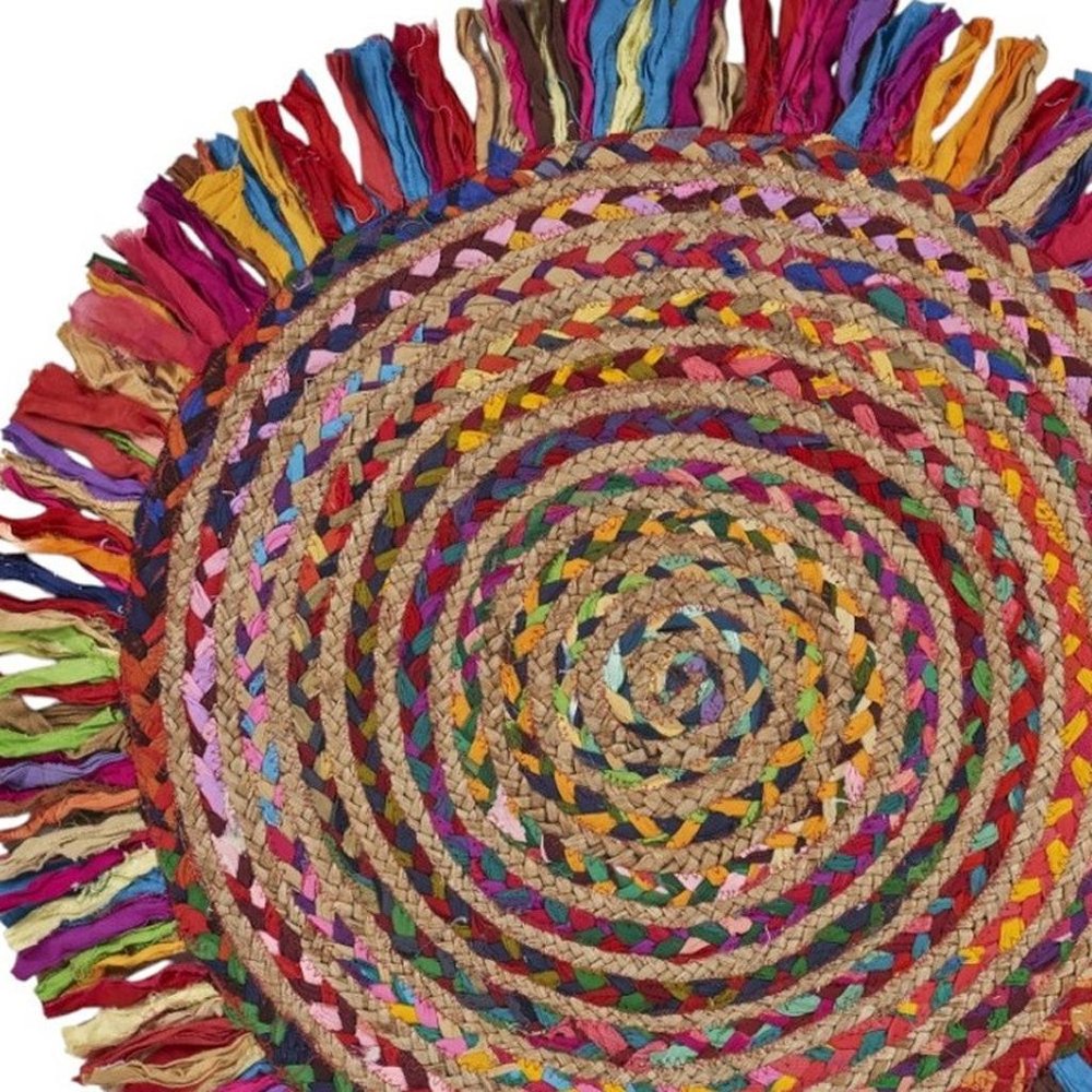6' Rainbow Abstract Geometric Hand Woven Round Rug