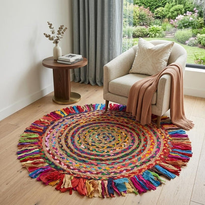 6' Rainbow Abstract Geometric Hand Woven Round Rug