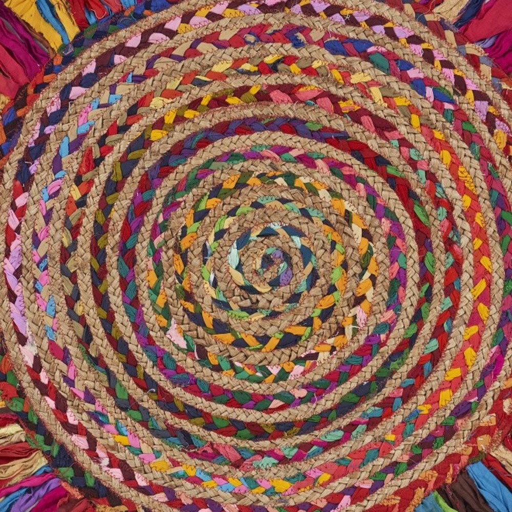 4' Rainbow Abstract Geometric Hand Woven Round Rug With Fringe